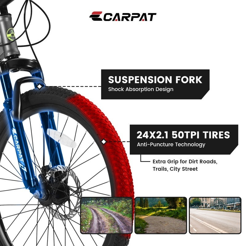 24 Inch Mountain Bike, Suitable For Boys And Girls, Steel Frame, Shimano 21 Speed Mountain Bike, With Dual Disc Brakes And Front Suspension, Banned Platform Temu