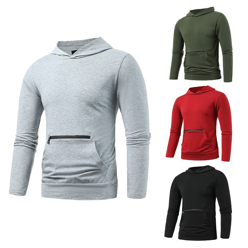 Men's Casual Double Pocket Hooded T-shirt Solid Sports