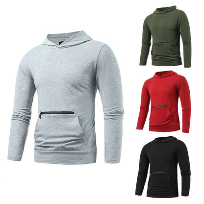 Men's Casual Double Pocket Hooded T-shirt Solid Sports