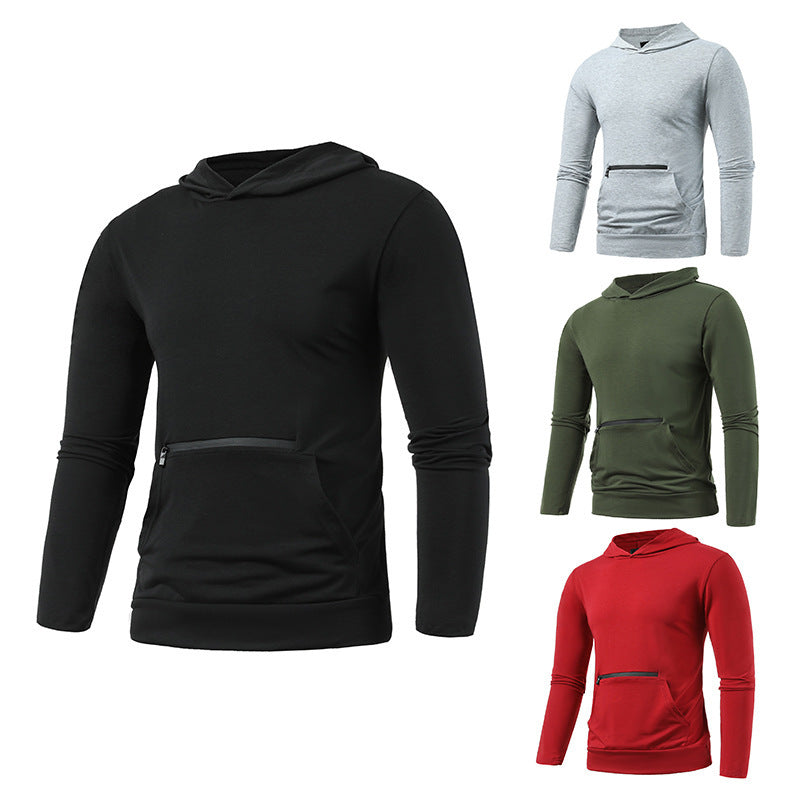 Men's Casual Double Pocket Hooded T-shirt Solid Sports