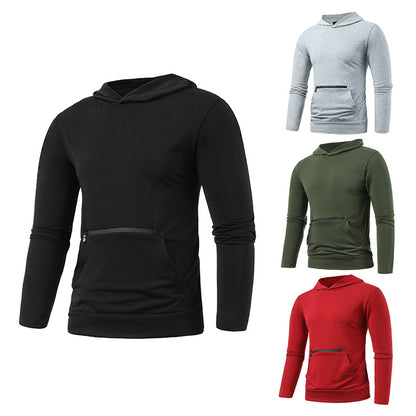 Men's Casual Double Pocket Hooded T-shirt Solid Sports