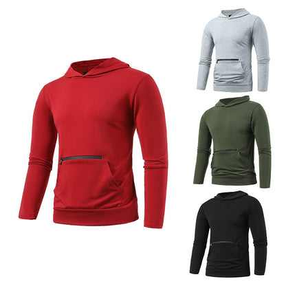 Men's Casual Double Pocket Hooded T-shirt Solid Sports